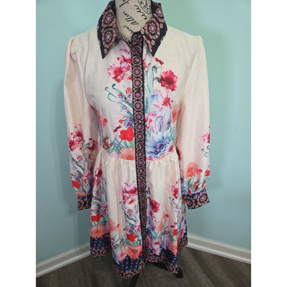 See And Be Seen Kerry Dress Boho Button Front Shirtwaist small Blush Floral